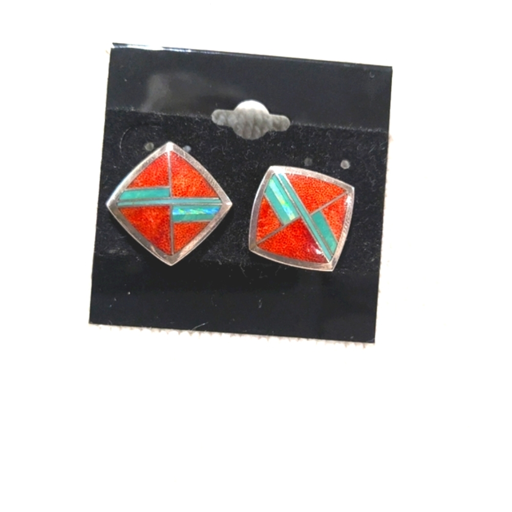Navajo Geometric Sterling and Orange Earrings USA